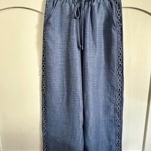 Linen-Blend Wide Leg Pants with Lace Trim - Blue